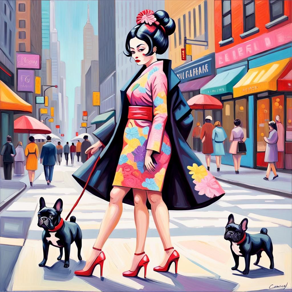 Geisha and Bulldog in New York, Expressed as Colorful Impres...