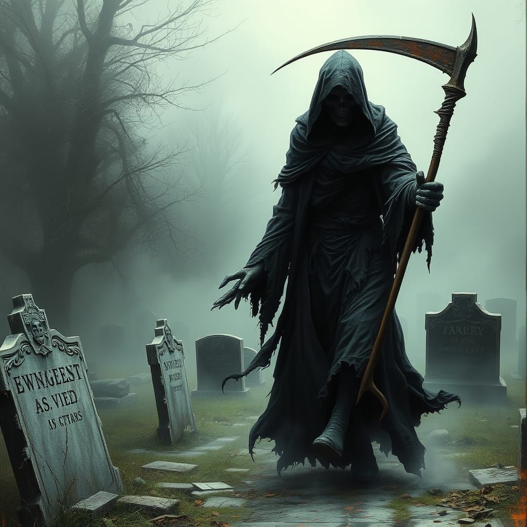 Grim Reaper in Misty Cemetery, Horror Style