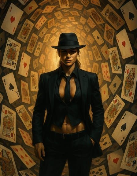 Mafia Man in Surreal Card Tunnel