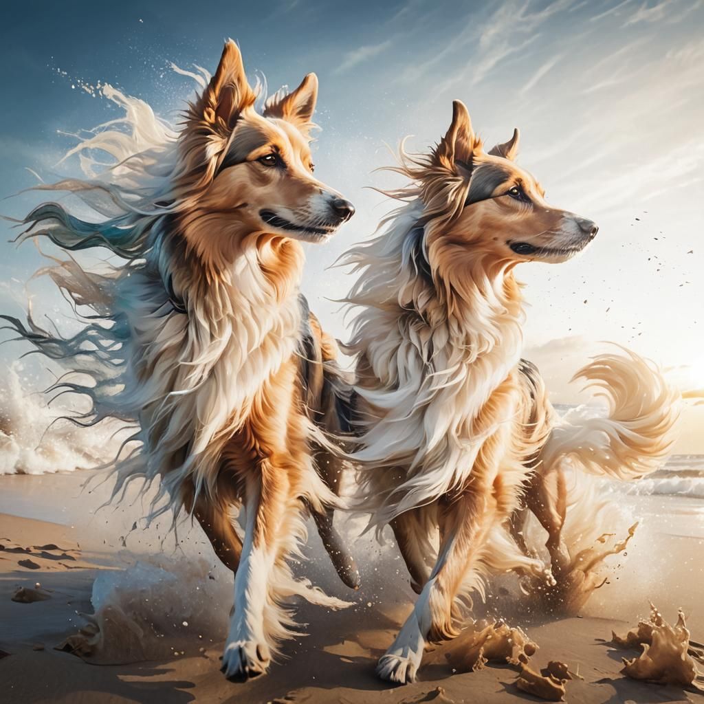 Dogs Run on Beach in Vibrant Splash Art