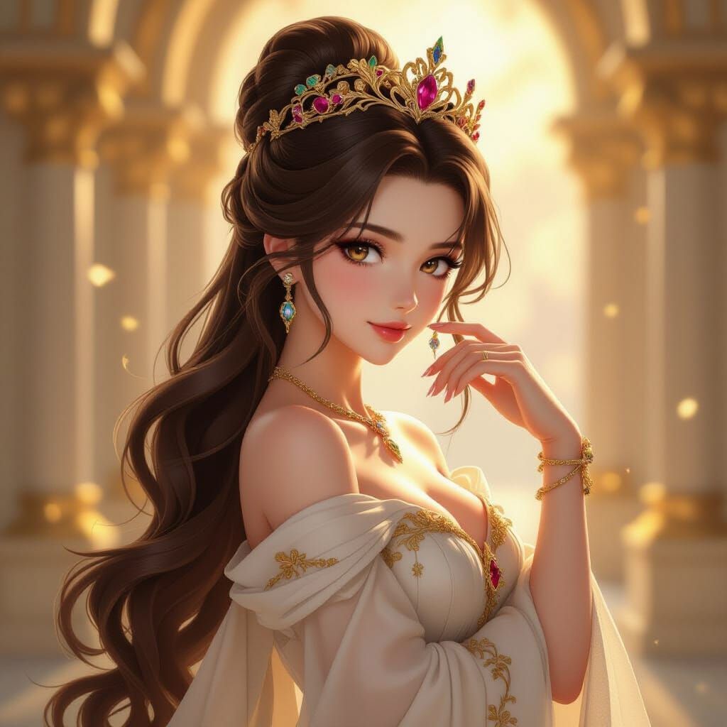 Anime Princess with Brown Hair and Crown in 3D