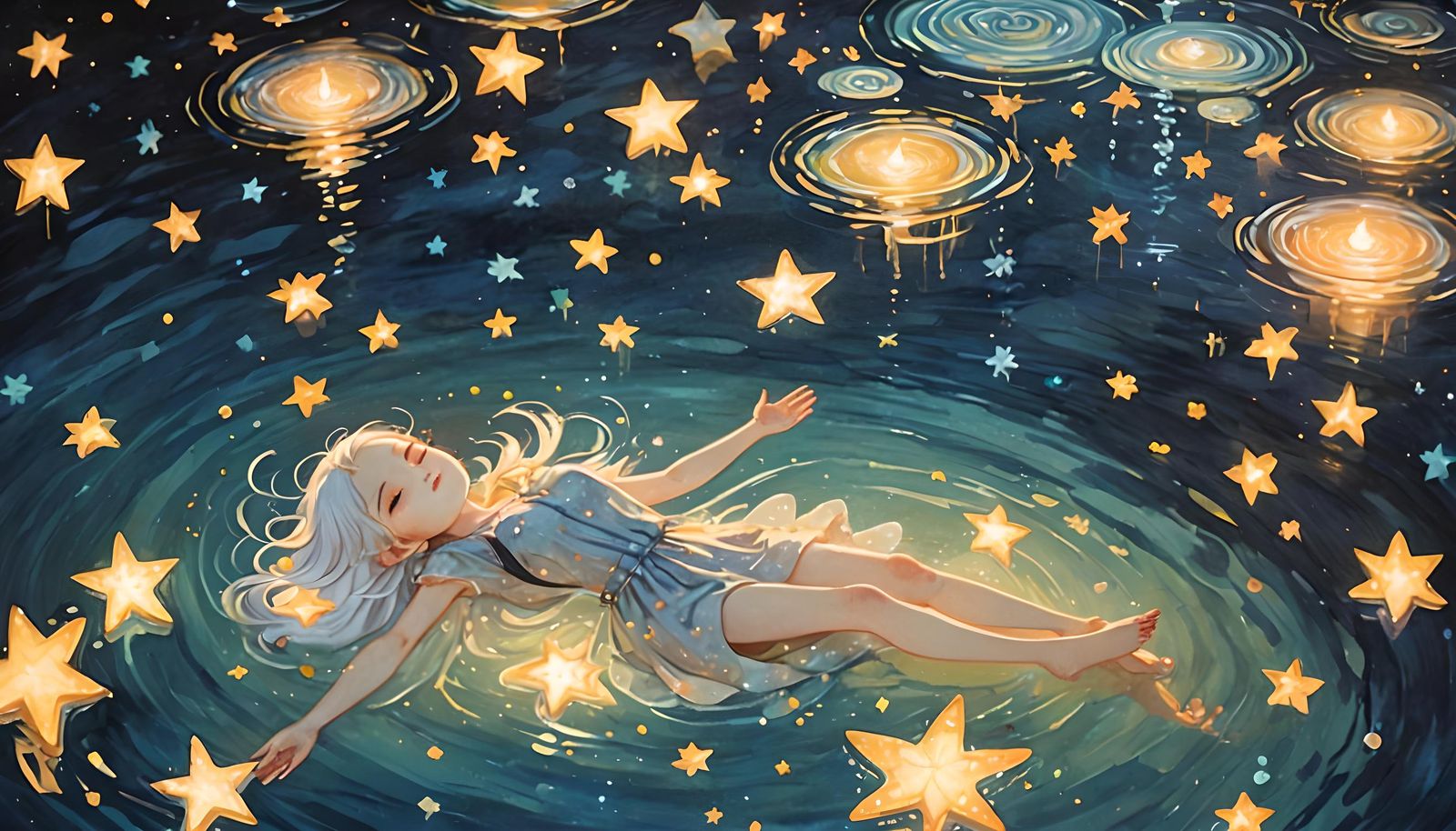konan lim illustratrion, chibi girl floating on lake at night, soft light, falling colorful stars, dark background. she ...
