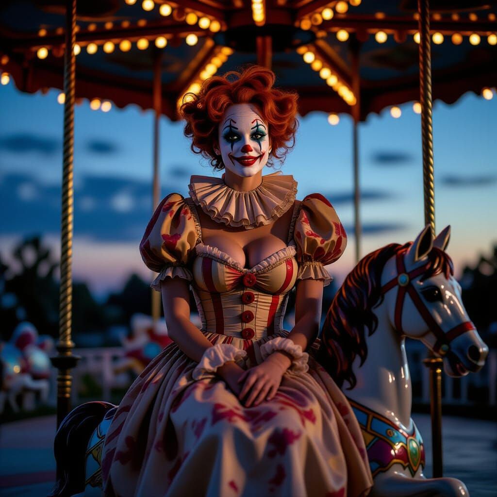 Weathered Clown on Deserted Carousel Horse at Twilight