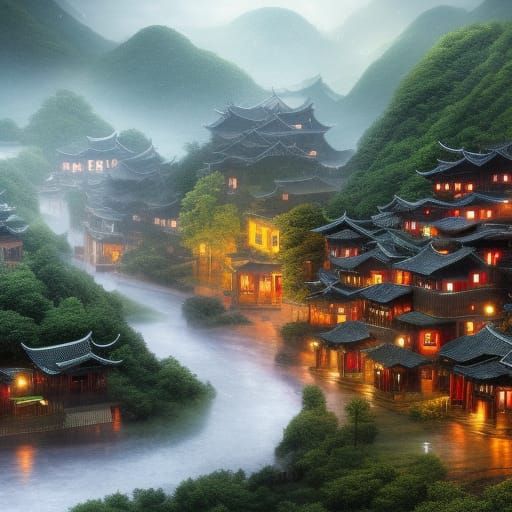 Misty Ancient Town in Yangtze River Valley