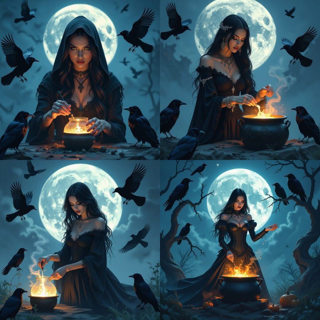 Gothic Woman with Ravens Under Moonlight
