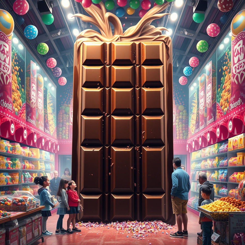 Giant Chocolate Bar in Hyperrealistic Candy Store