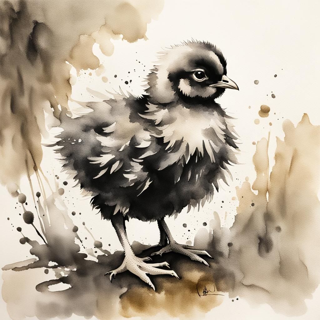 Sumi-e Ink Wash Painting of a Chick