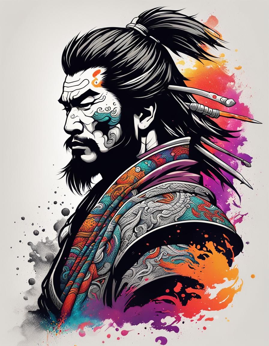 Samurai Portrait with Dragon Tattoo in Fantasy Art Style
