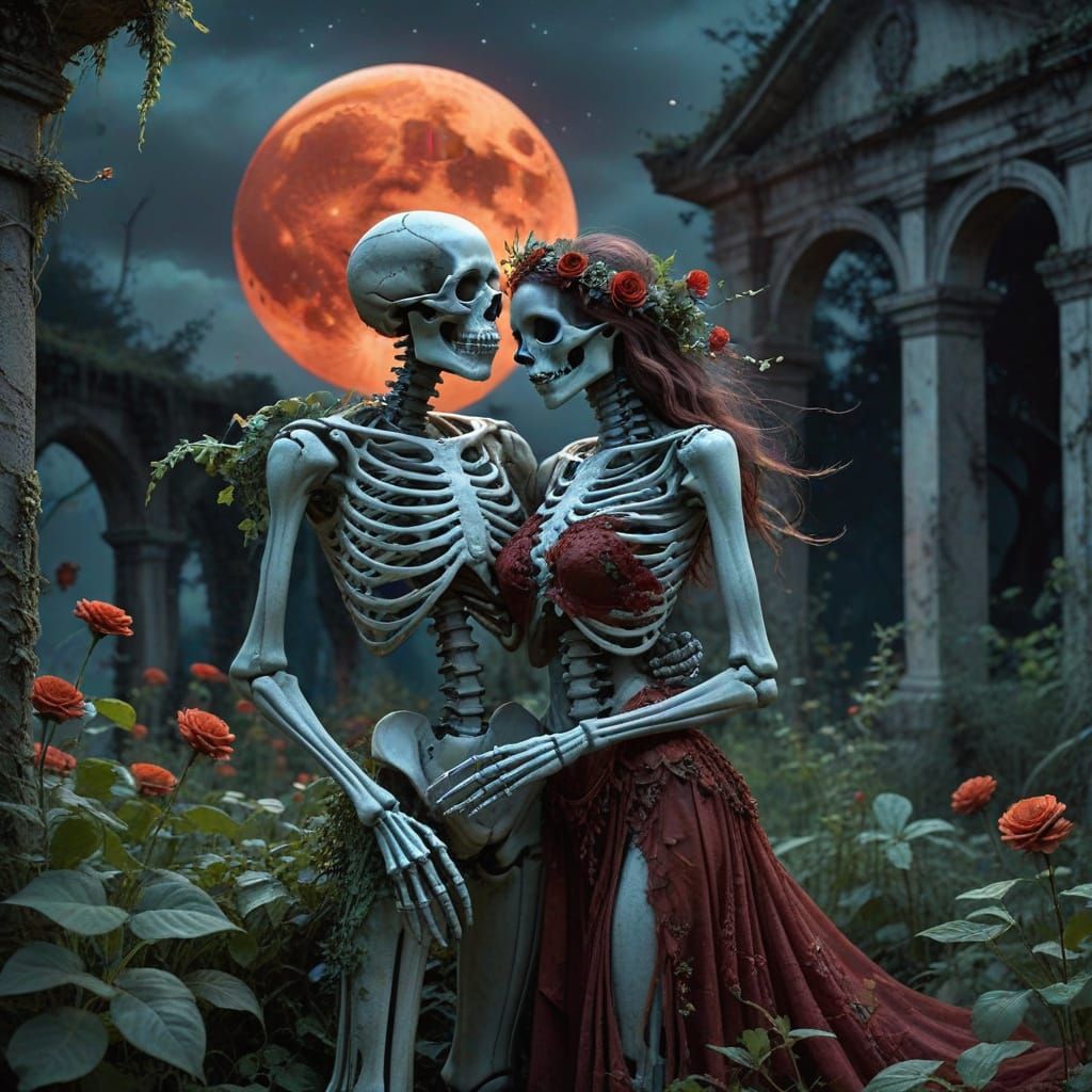 Bohemian Skeleton Couple Dancing in Ruined Garden