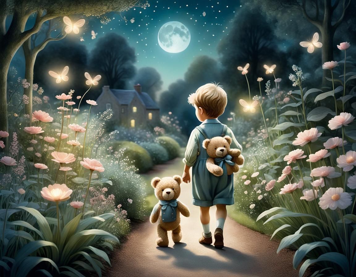 Boy with Teddy Bear in Moonlit Garden