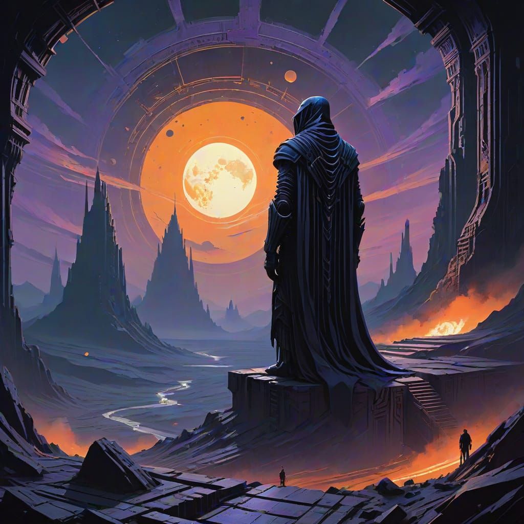 Cloaked Figure on Alien Ziggurat in Sci-Fi Style