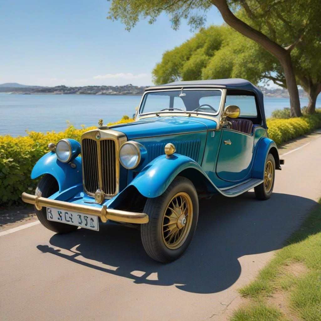 Fantasy Blue MG Car in Whimsical Coastal Scene