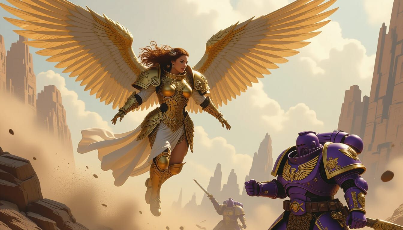 Armored Angel Above Space Marine in Dystopian Landscape