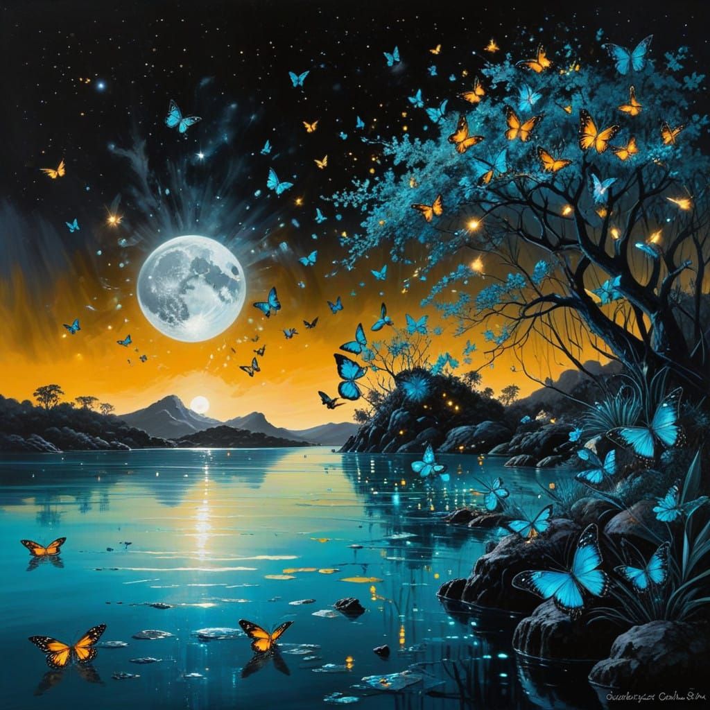 Luminous Lagoon Under Starry Night with Fireflies