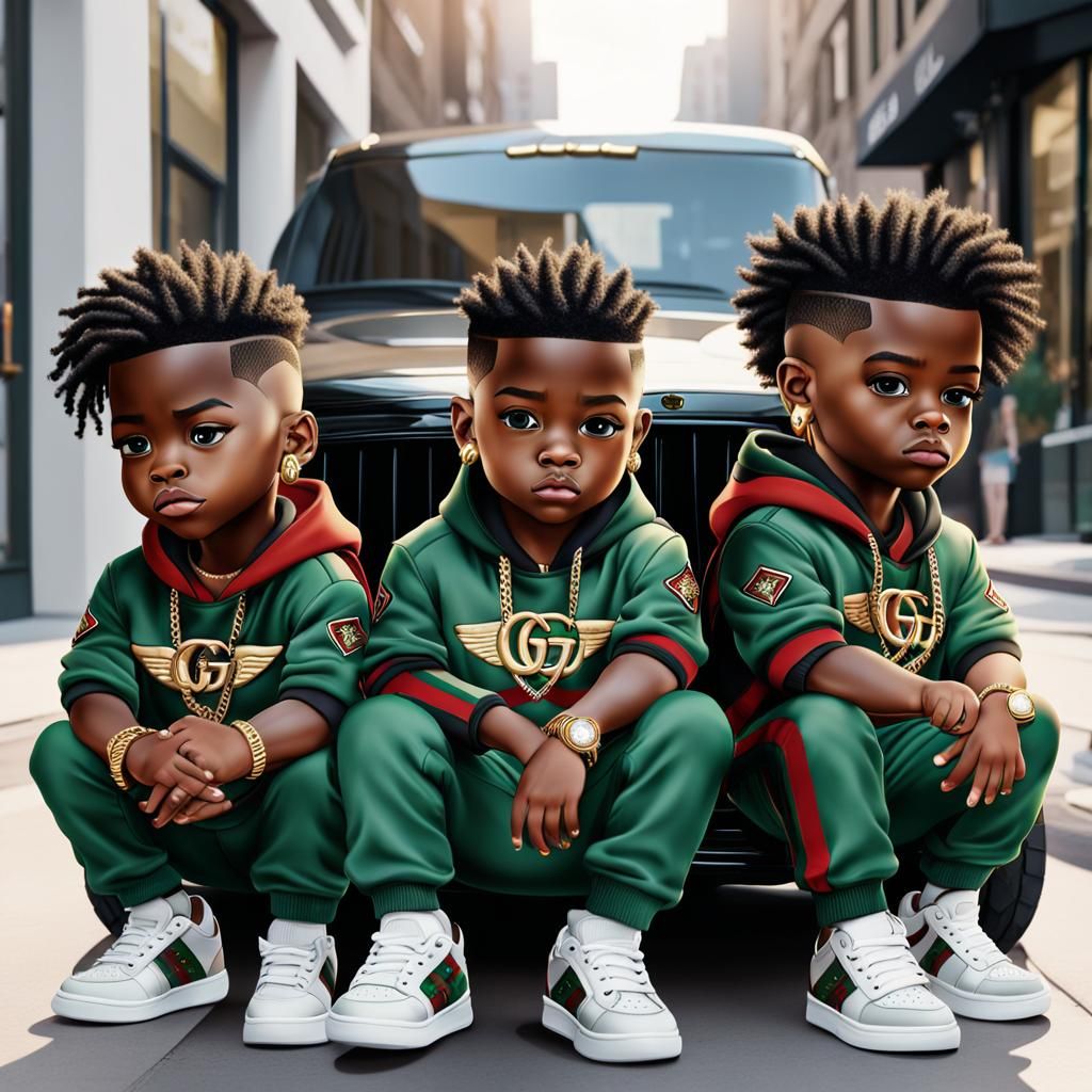 Hood Cartoon: Three Toddlers in Gucci, Hyperrealistic 8K
