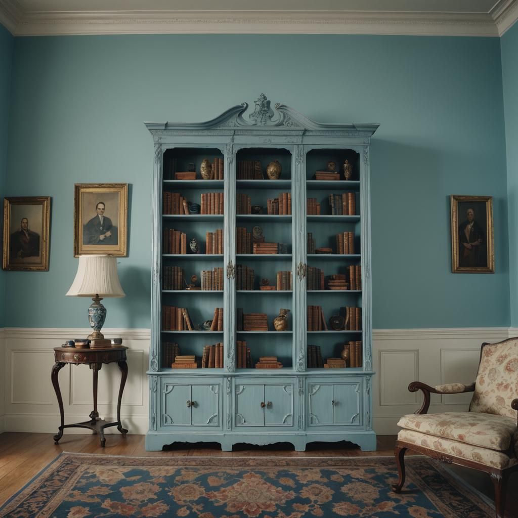 Chippendale Bookcase in Blue Room with Oriental Rug