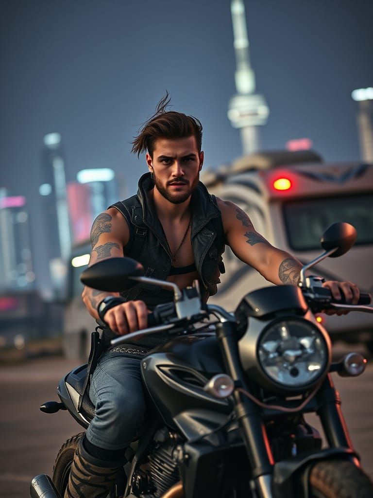 Cyberpunk Nomad Rides Through Dystopian City