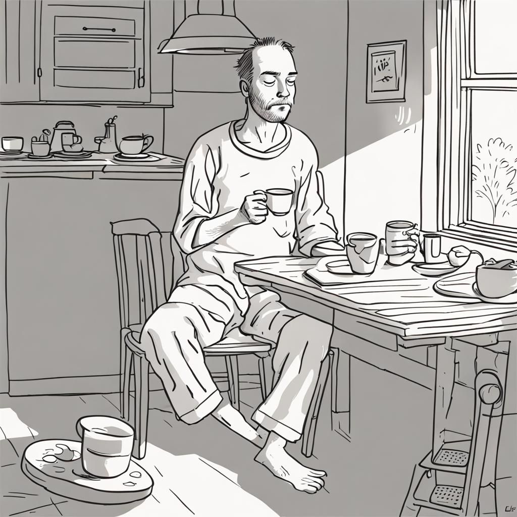 Man in Pajamas Drinking Coffee: Dark Fantasy Art