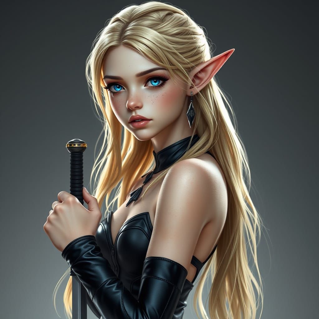 Ethereal Elven Girl in Black Leather Armor