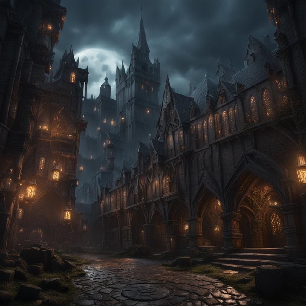 Dark Medieval City Landscape: Detailed Matte Painting