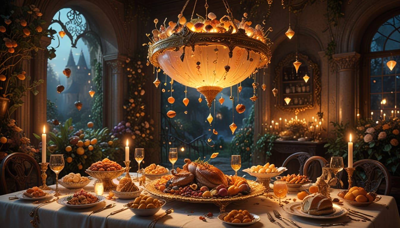 Enchanted Banquet: Levitating Gourmet Food in Golden Hour Gl...