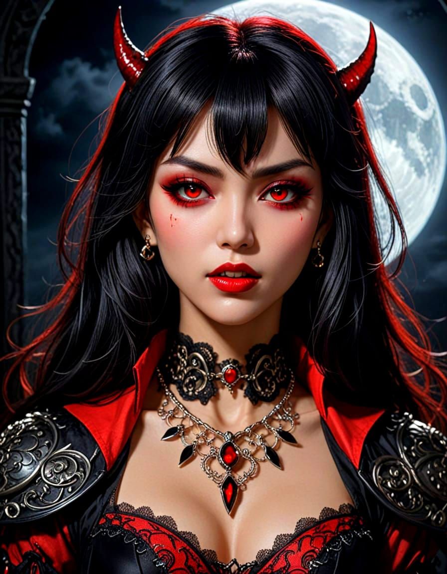 Gothic Anime Vampire Woman in Dark Streetwear with Red Hair