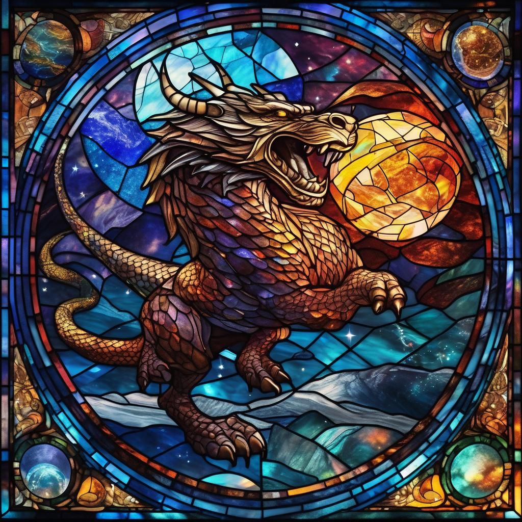 Viking vs. Dragon in Space: Stained Glass Art