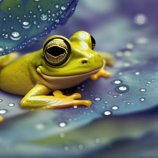 Blue and Yellow Frog with Flower, Detailed Art
