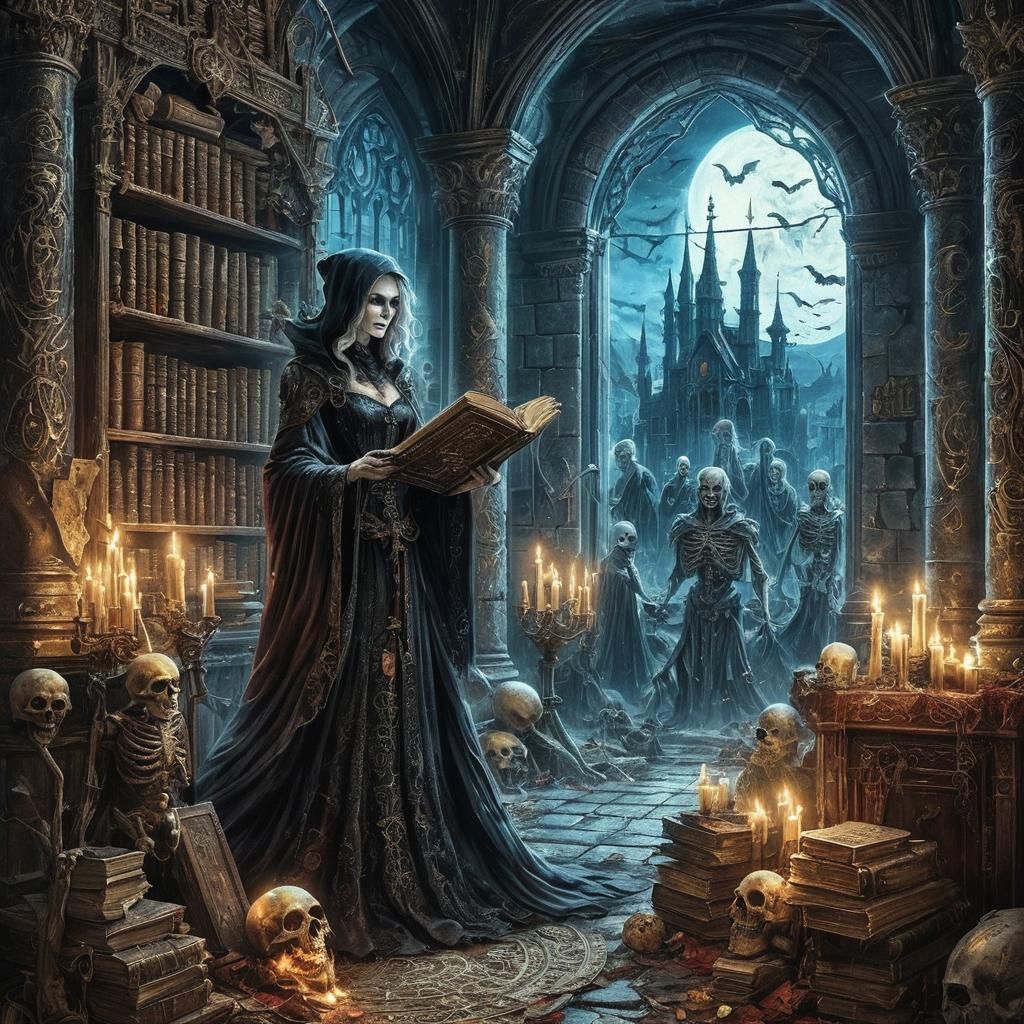 Gothic Necromancer Casting a Spell in Dark Crypt