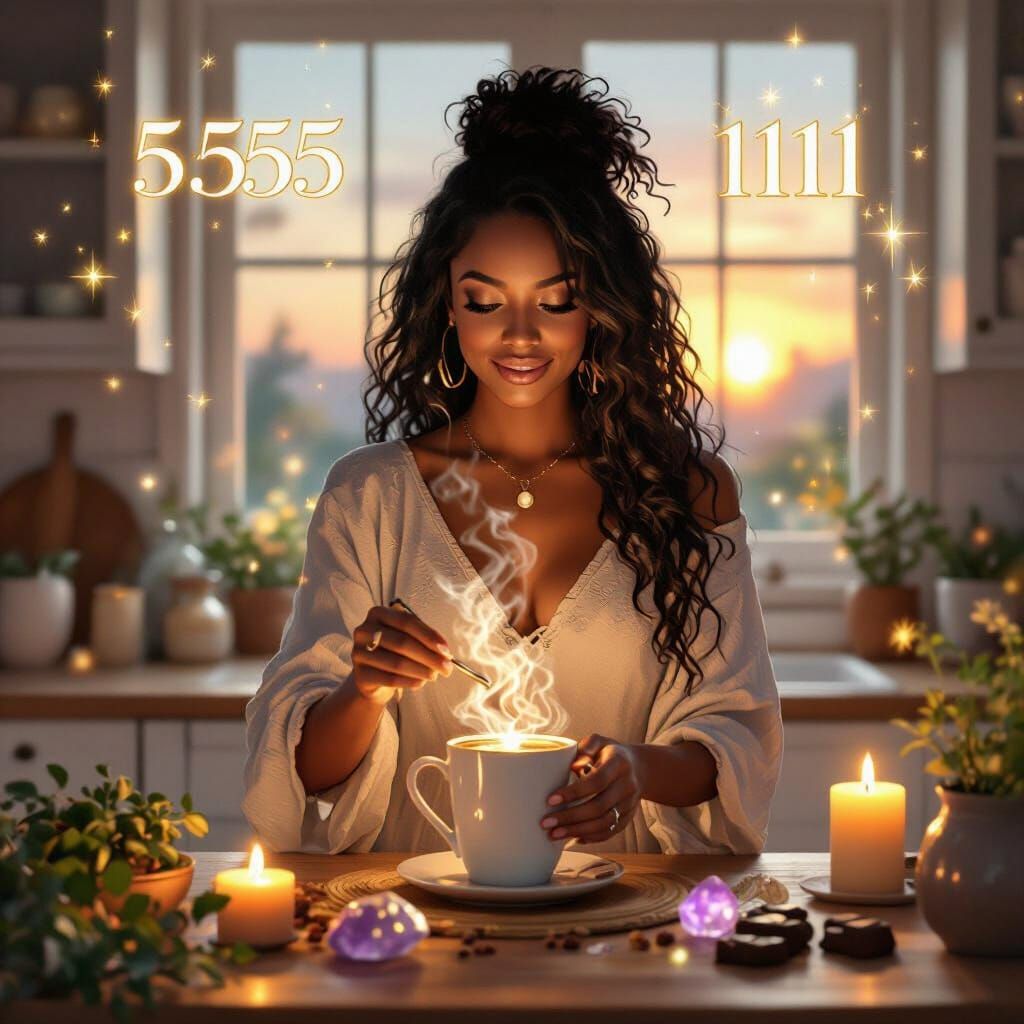 Kitchen Witch Stirring Mocha at Dawn with Cosmic Glow