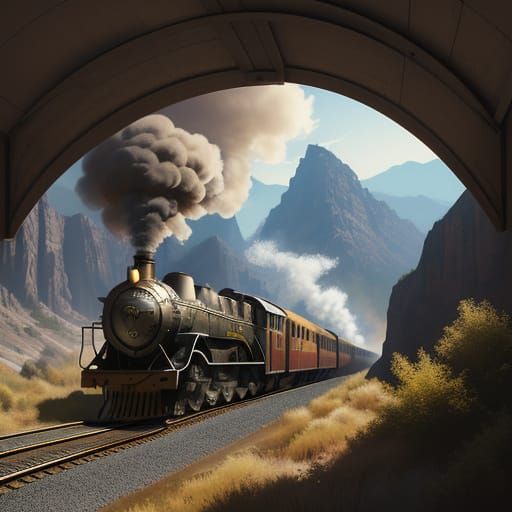 Vintage Train Chugs Along Scenic Mountain Track in Retro-Fut...