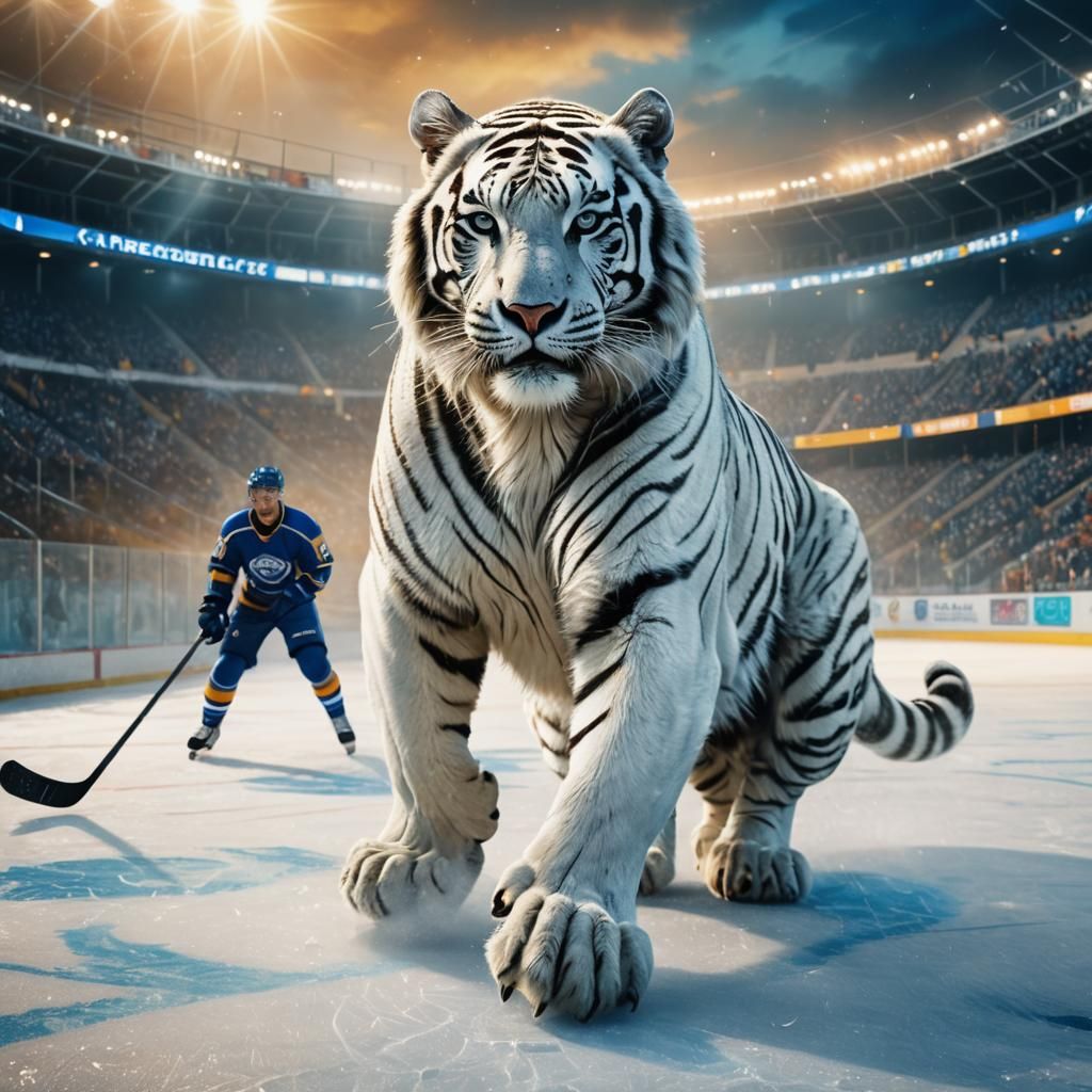 White Tiger on Hockey Stadium in Cyberpunk Style