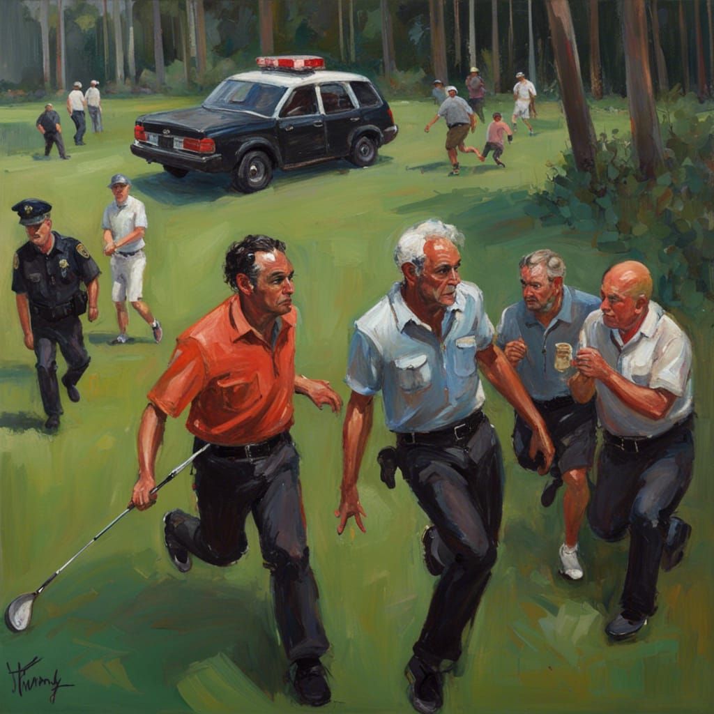 Florida Man's Wild Golf Course Chase: An Oil Painting