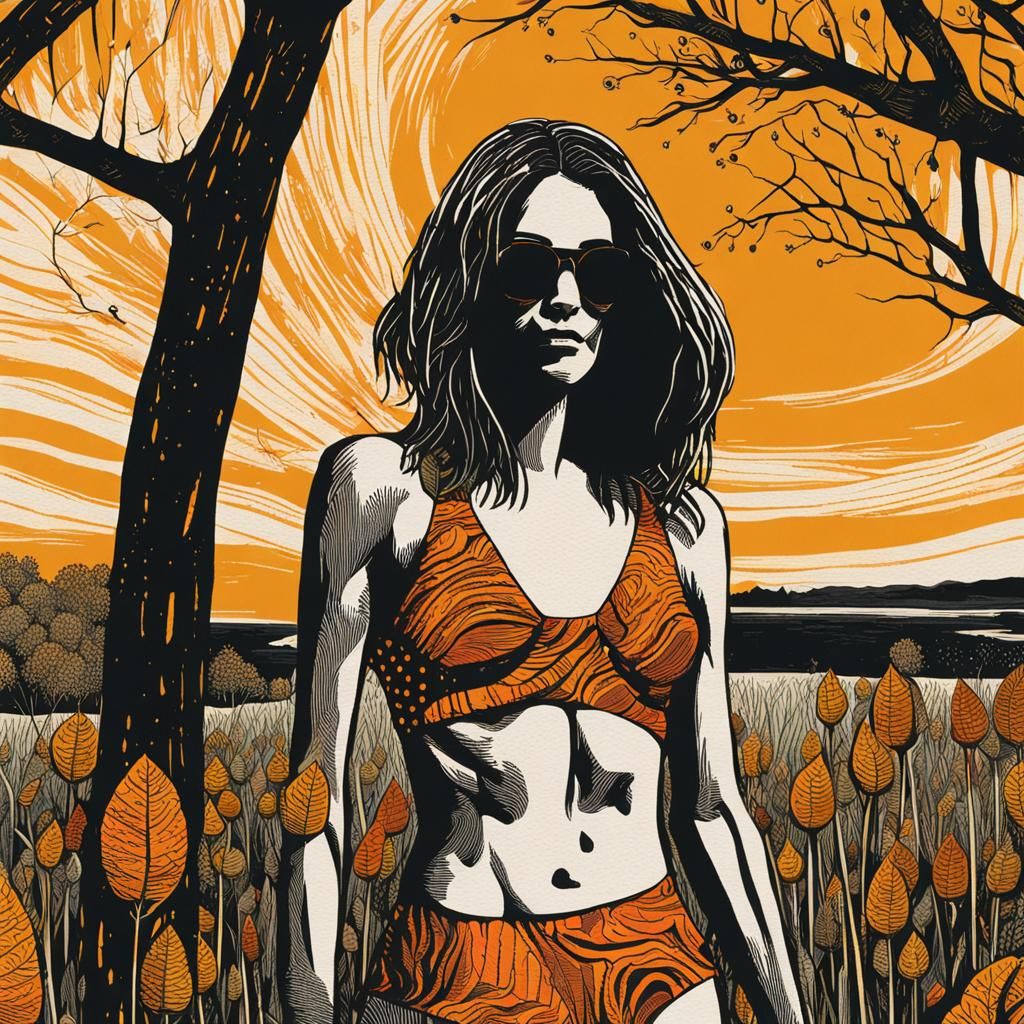 Woodcut print of Late summer.