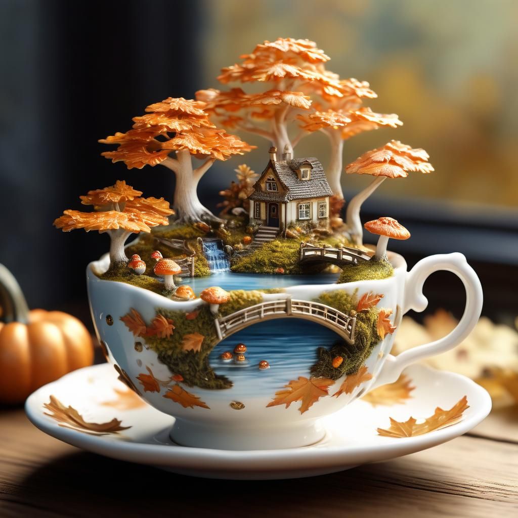 Autumn Landscape Inside a Teacup: Miniature 3D Art
