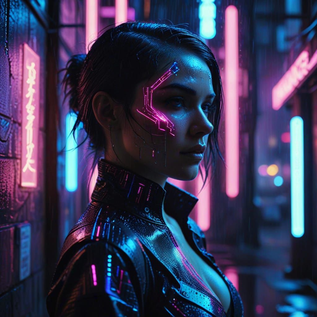 Celestial Woman in Cyberpunk City, Neon Noir Portrait