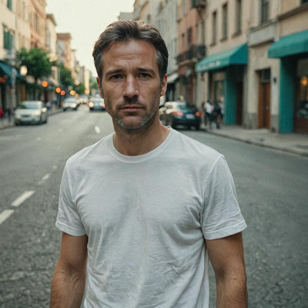 Man Posing in City Street with Film Grain Effect