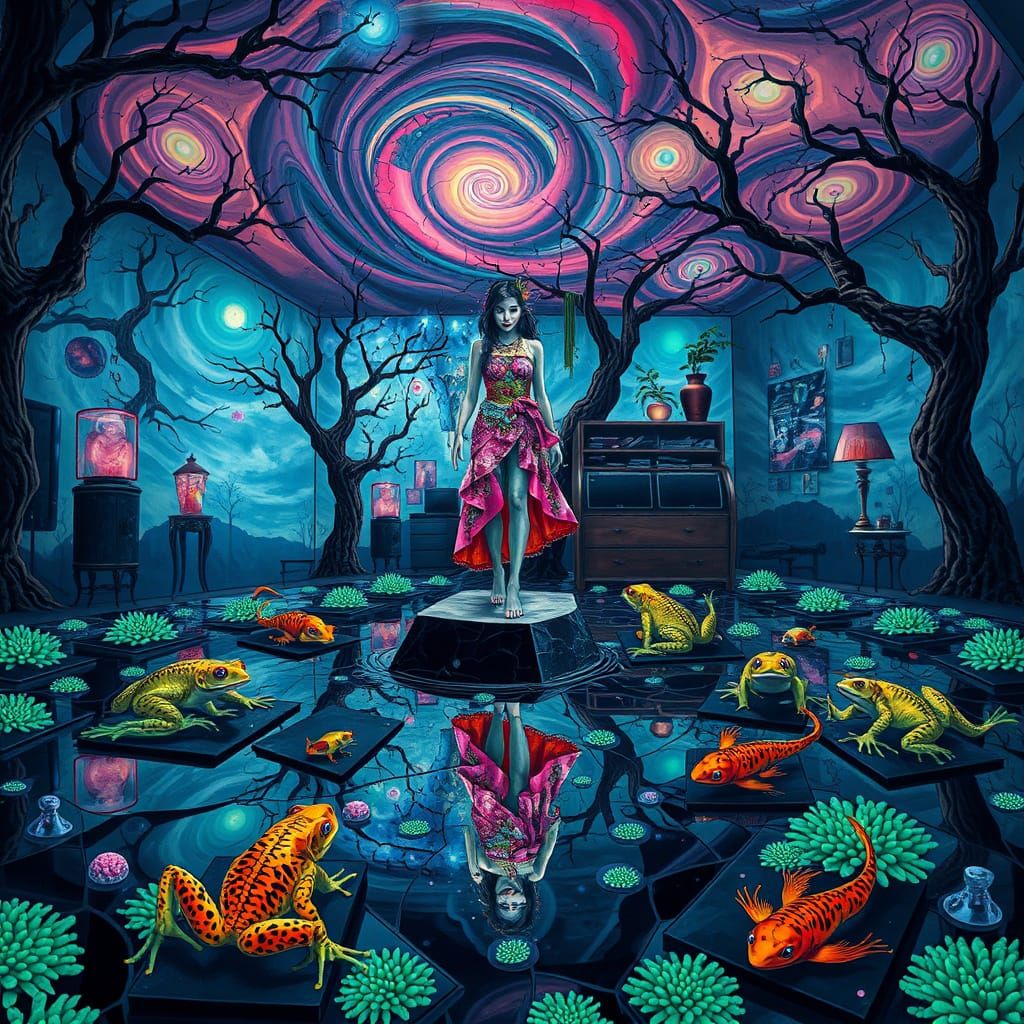 Underwater Cyberpunk Home with Woman, as Digital Collage