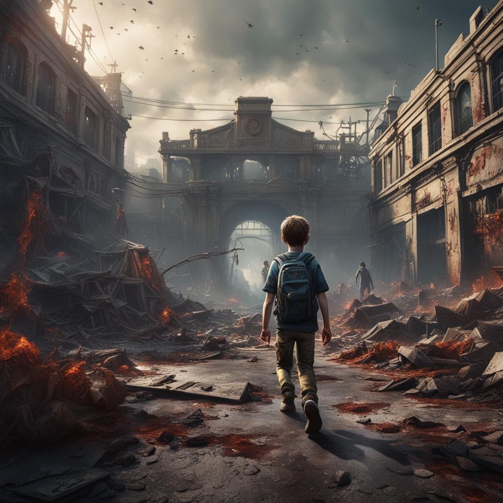 Boy Emerges from Zombie Apocalypse: Detailed Matte Painting