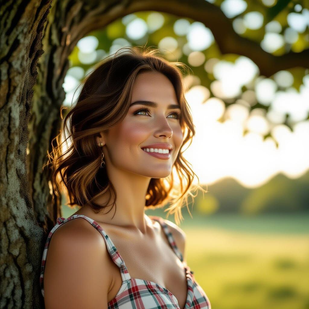 Woman in Summer Dress Smiling Under Oak Tree