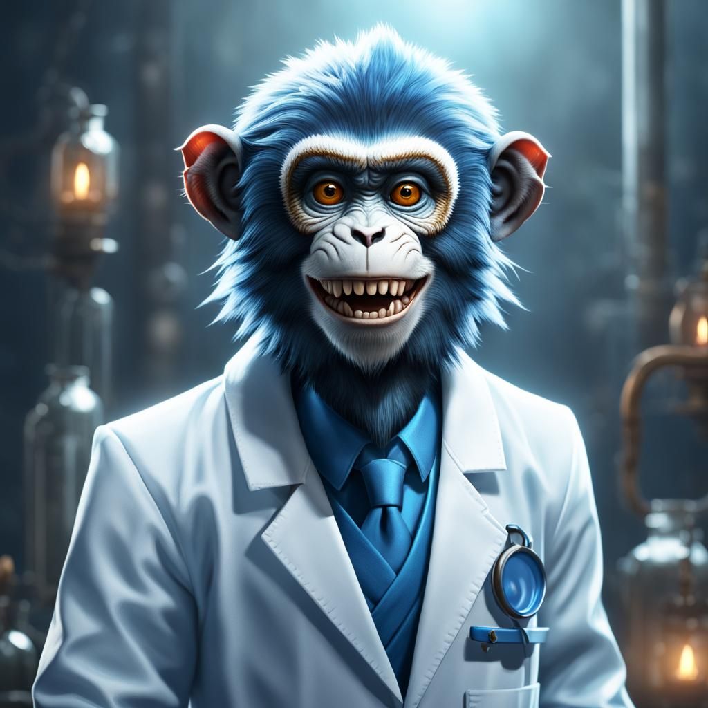 Blue Monkey in Lab Coat: Detailed Fantasy Art