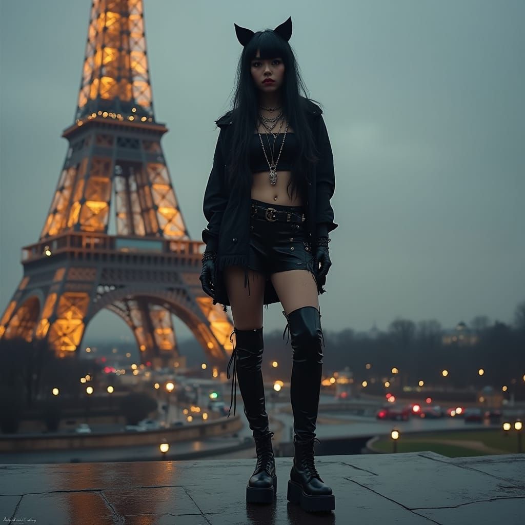 Girly Goth Fashion in Front of Eiffel Tower
