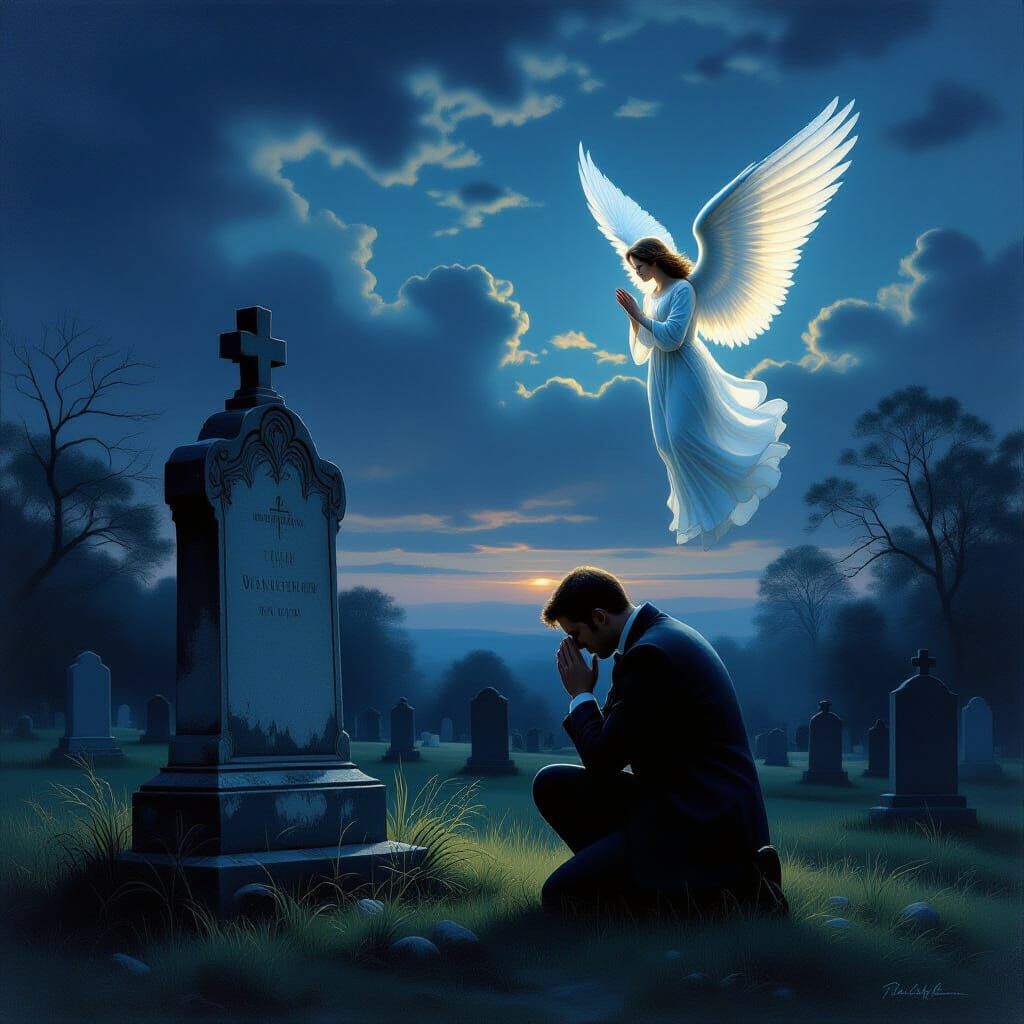 Angel Comforts Grieving Man at Cemetery Dusk Oil Painting