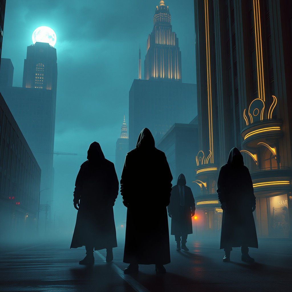 Futuristic Noir: Figures in a Misty Cityscape