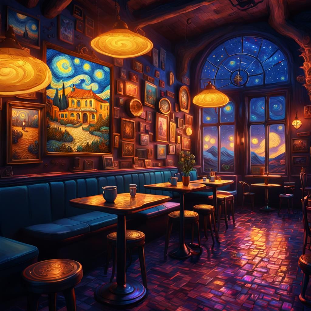 Fantastical Nocturnal Cafe in Van Gogh Style