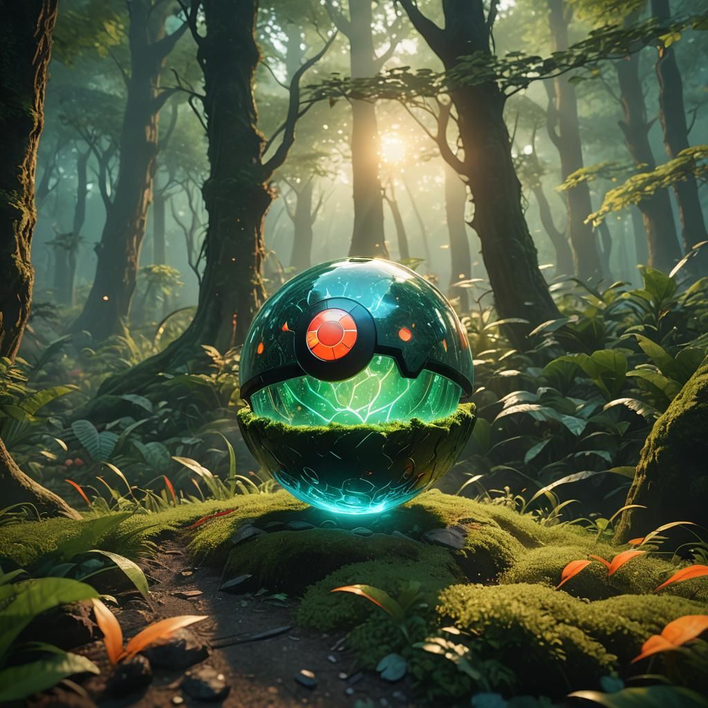 Mystical Poke Ball in Ancient Forest: Digital Painting