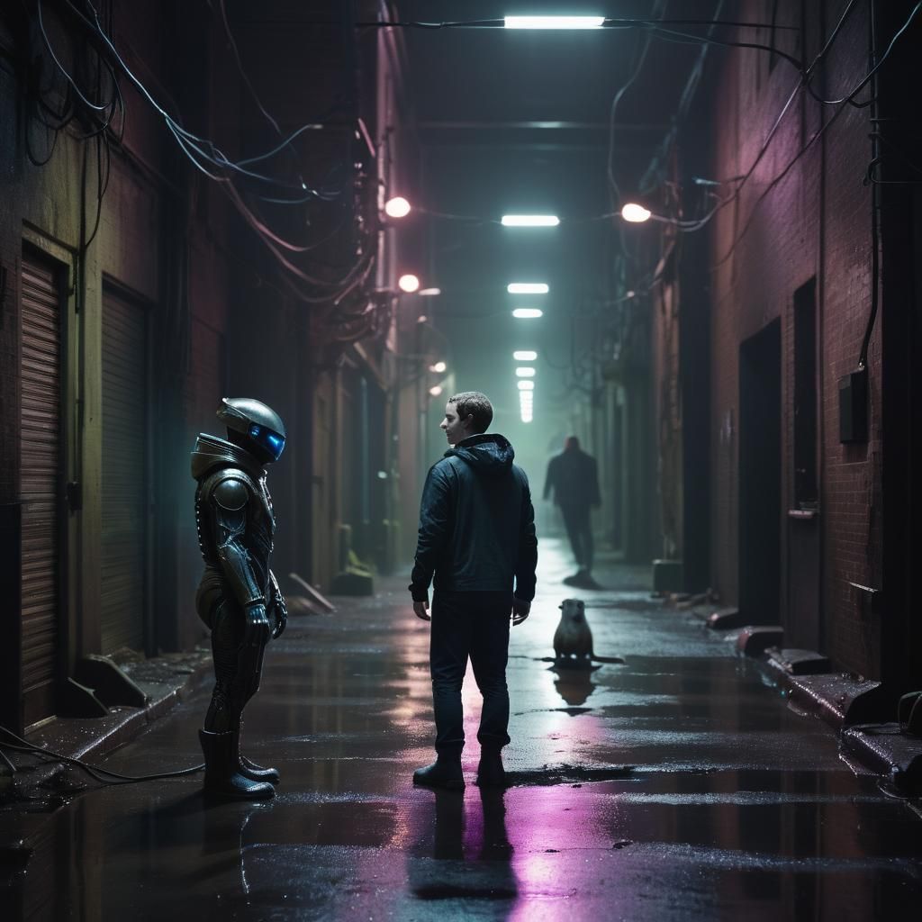 Dark Alleyway Confrontation in Neo-Noir Sci-Fi