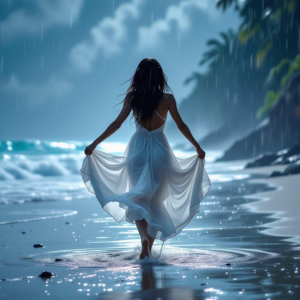 Woman Dancing in Summer Rain, Digital Painting