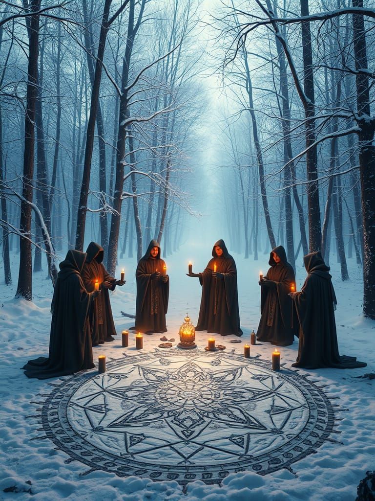 Mystical Winter Solstice Gathering in a Serene Forest Glade
