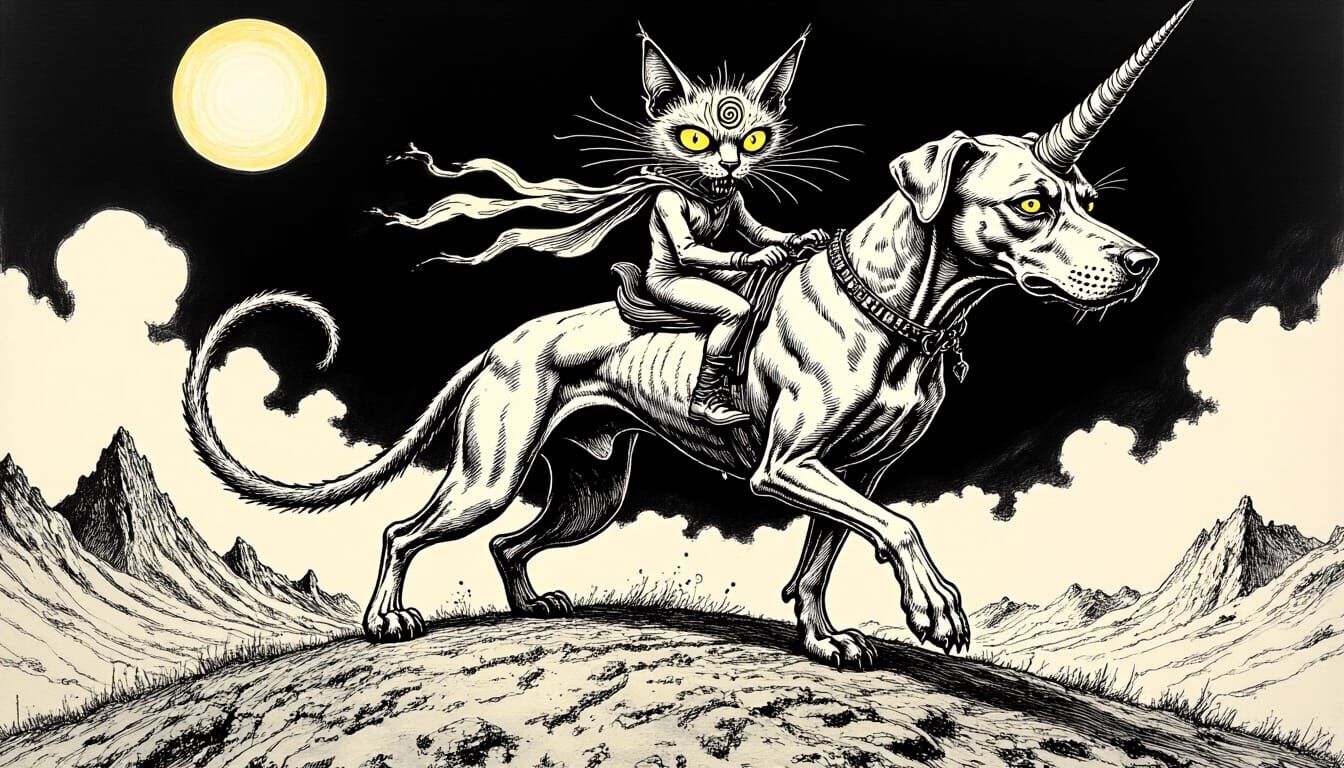 Psychedelic Cat Riding Great Dane: Etched Ink Drawing